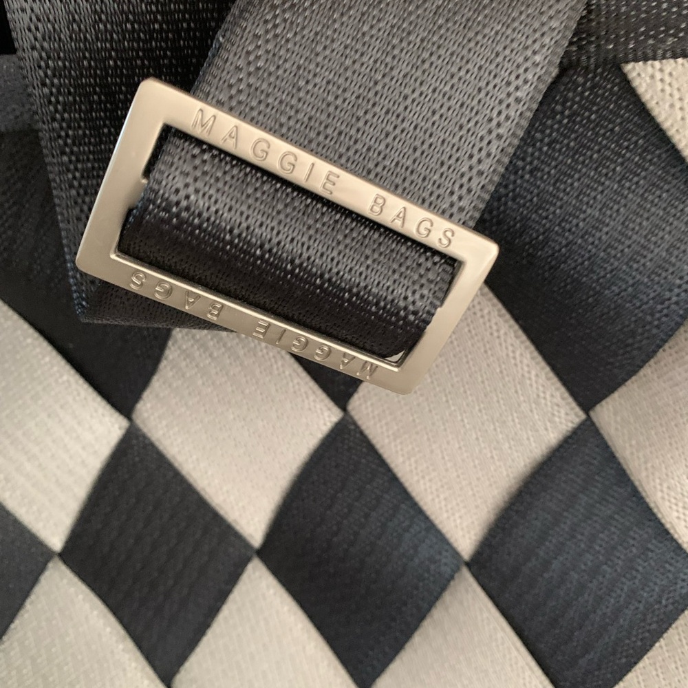 NWOT Black and Gray Maggie Bags Woven Seatbelt Backpack bag black
and grey check - Picture 3 of 10